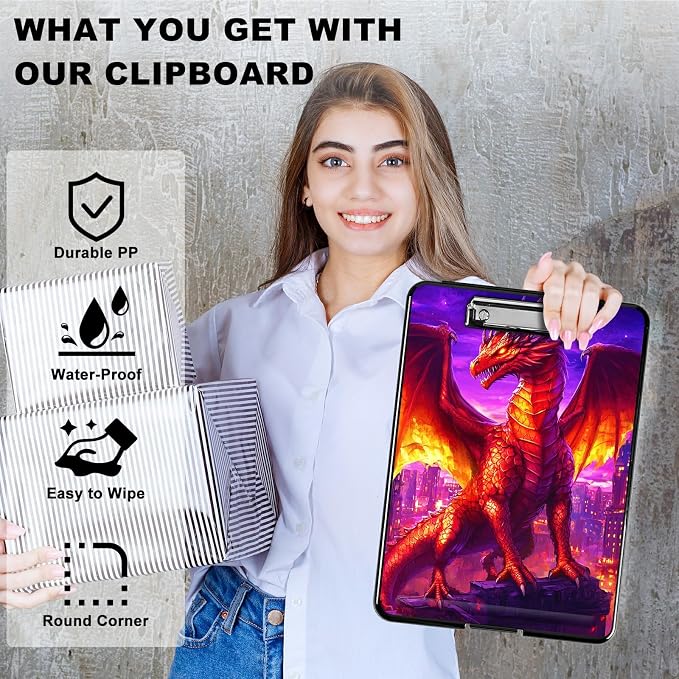 Heavy Duty Storage Clipboard, Slim Nursing Clipboard with Internal Pen Case, Portable File Organizer Case for A4 Letter Size Paper Office Medical Professionals, Purple Red Dragon