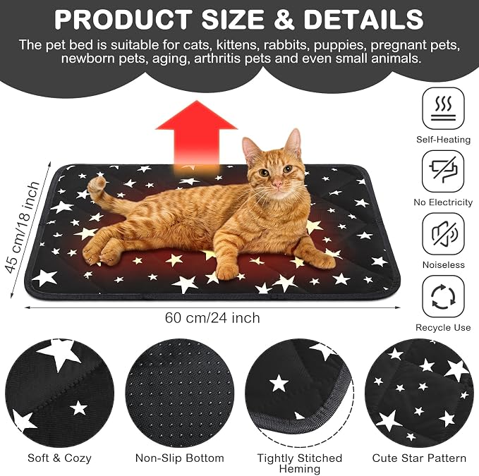 4 Pack Self Warming Cat Bed Self Heating Cat Mat Star Pattern Soft Dog Crate Pad Thermal Pet Mat Anti Slip Kennel Dog Washable Warming Bed for Outdoor Indoor (18 x 24 Inch,Black)