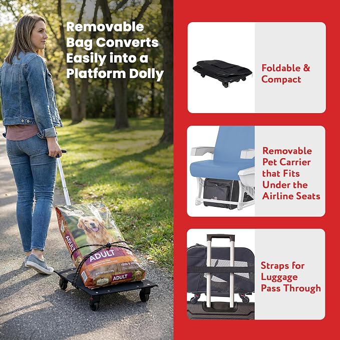 dbest products Rolling Pet Carrier with Wheels Airline Approved - TSA Dog Cat Carrier for Airplane Travel - Wheeled Pet Carrier 18x12x20 for Pets up to 24lbs - Collapsible Travel Bag