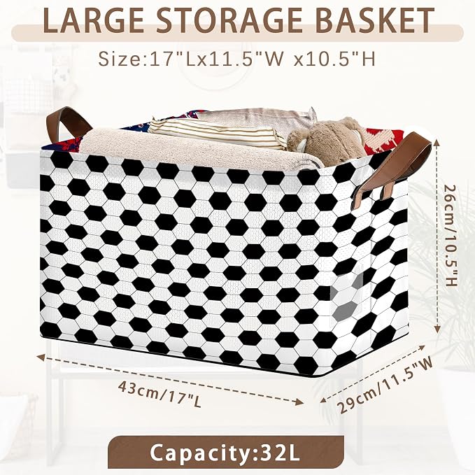 Soccer Ball Storage Basket Large 17x11.5x10.5 Inche-Collapsible Fabric Organizer Bin with Handles for Sports Room, Game Day Decor, Kids-Decorative Hamper with Classic Black & White Design-Single Pack