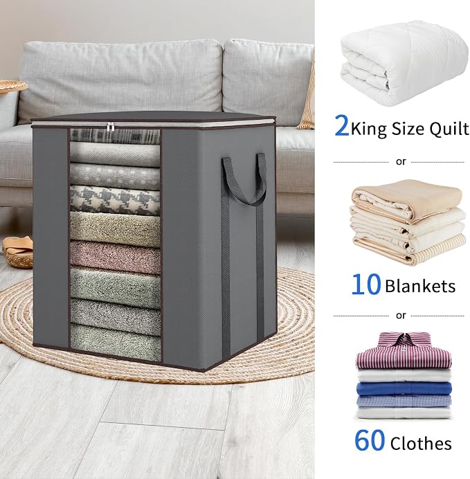 Blanket Storage Bags 120L for Comforter Clothes Bedding Sheet Grey | Breathable Fabric, Reinforced Handles, for King Comforters Bedding Pillows and Sheets, Closet and Bedroom Storage
