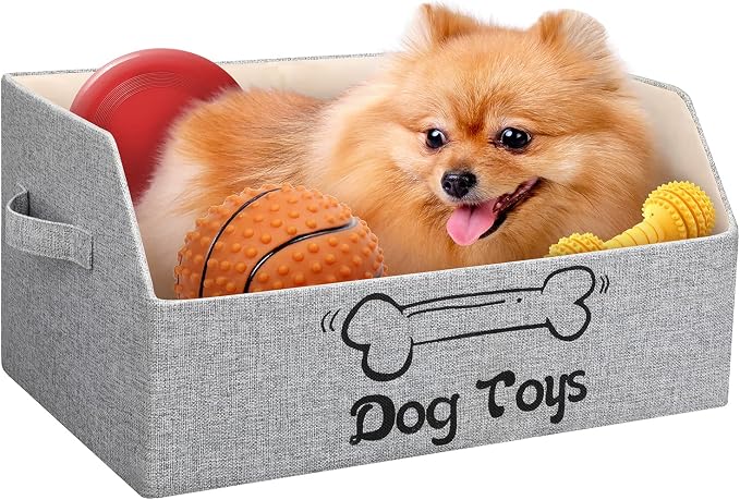 2X Thicker Large Dog Toy Basket, Collapsible Pet Dog Toys Storage Bin Box | Fabric Trapezoid Dog Toy Organizer With Handle for Small Medium Dog for Pet Toys, Blankets and Accessories