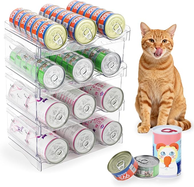FHTONGE 4-Tier Heavy-Duty Transparent Cat Can Organizer for Multiple Sizes | Wet Cat Food Storage Rack for Pantry Kitchen Cabinet Rridge, Pet Canned Goods Dispenser Shelf Dog Tins Holder Container
