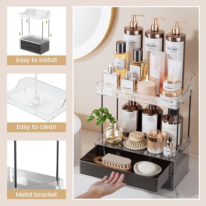 Delamu 4-Tier Makeup Organizer, Bathroom Counter Storage, 2 Drawers,Black | Elegant Vanity Organizer Gift for Women, Holds Perfume, Skincare, Nail Polish & Hair Accessories for Bathroom Countertop