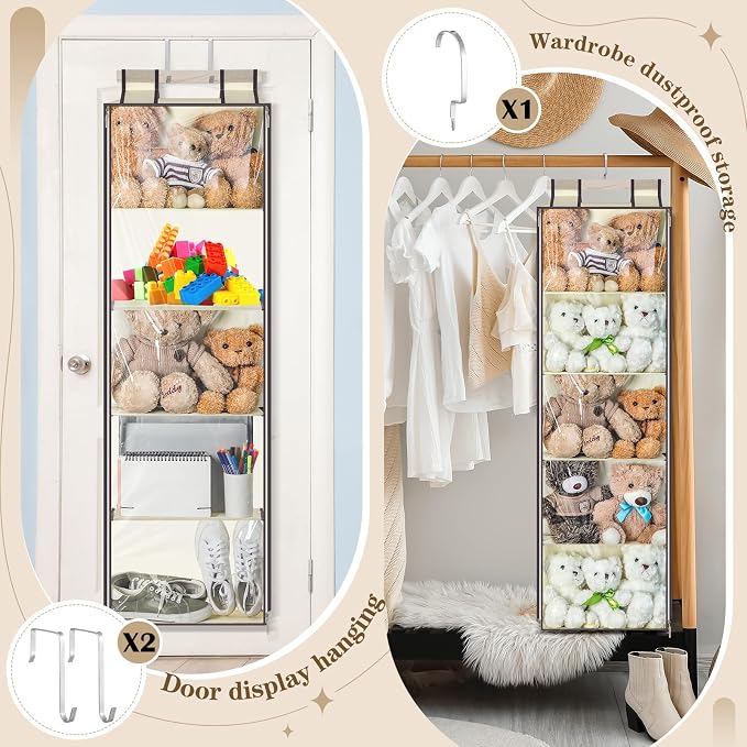 SATINIOR Hanging Stuffed Animal Storage with Zippers Dustproof over The Door Organizer with Large Pockets Different Hanging Methods for Shoes, File(Beige,5 Layer)