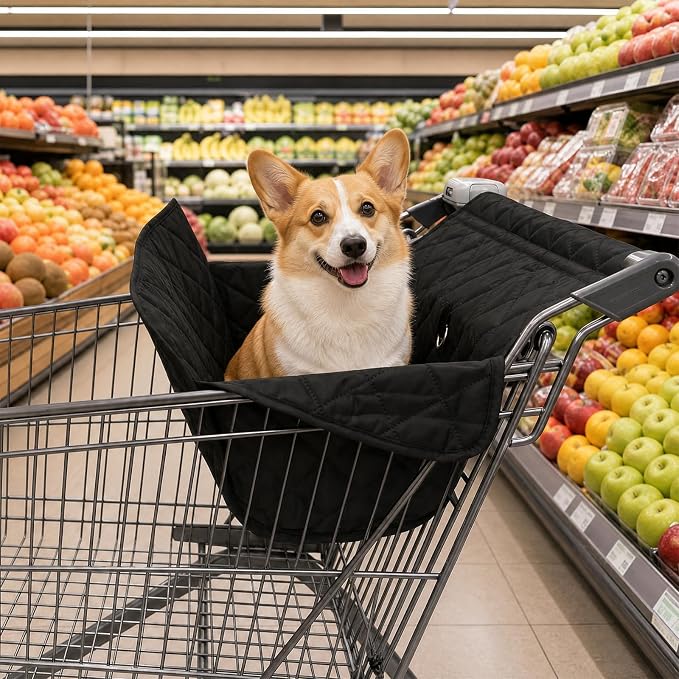 Portable Dogs Shopping Cart Cover, Quilting Dog Grocery Cart Cover with Storage Bag, Soft Comfort Cushioning, Secured with Hook and Loop, Universal Size, Machine Washable for Pet Dog