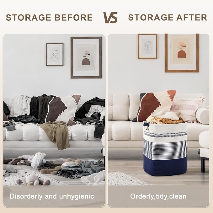 85L Tall Woven Laundry Basket Hamper with Leather Handles,Navy | collapsible wicker hamper, storage for dirty clothes, toys, blankets, gifts, living room, bedroom, bathroom, 17"x14"x22"