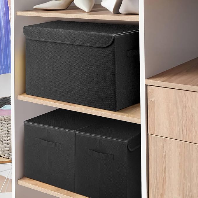 Large 42 Quarts Fabric Storage Bins with Lids [2-Pack] Linen Collapsible Foldable Storage Cubes, Closet Organizer Containers boxes with Handles for Home Office (16.7 x 12 x 12, Black)