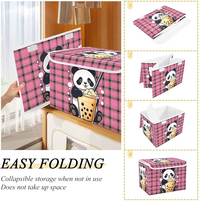 Panda Milk Tea Fabric Storage Bins with Lid Closet Storage Basket 40L | Foldable & Stackable, Flip Top Dust Guard, Reinforced Handles, Home & Bedroom, Clothes & Toys, Panda Print Basket
