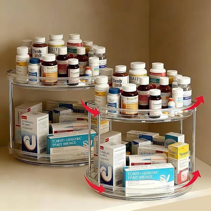 2 Pack Medicine Cabinet Organizer, Rotary Turntable Organizer for Medicine and Vitamin Bottles, Under Sink Organizer for Medicine, Bathroom Cabinet Storage, Easy Assembly, Transparent Clear