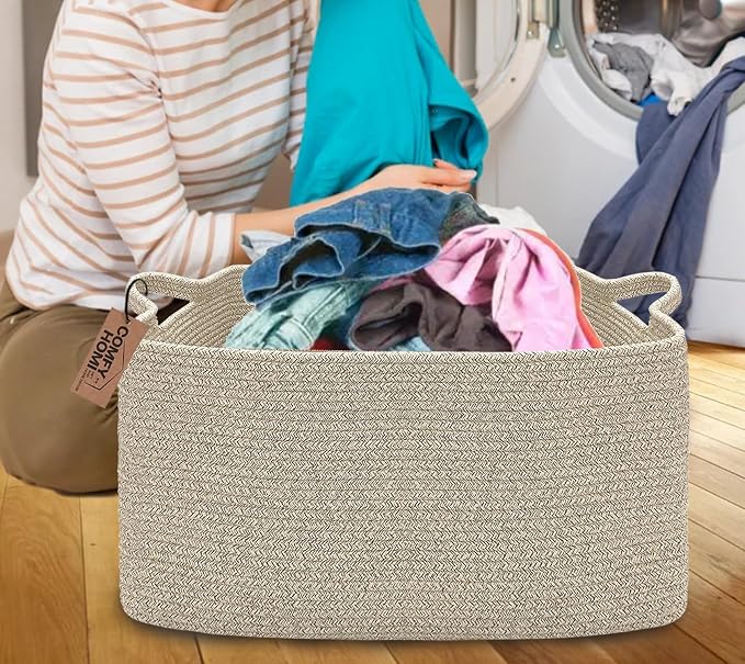 COMFY-HOMI Large Rectangular Blanket, Cotton Rope Woven for Storage, LaundryHamper, Storage,Toy Organizing Bin with Handle, Organizer and Storage-22x15x12-