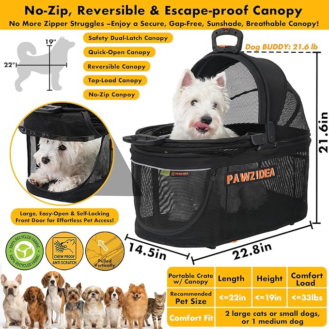 PAWZIDEA Pet Stroller 4-in-1, Foldable Dog Stroller with Detachable Carrier | Escape-Proof No-Zip Canopy, Portable Travel Crate & Car Seat Combo, for Small to Medium Dogs & Cats up 33 lbs, Storage Basket