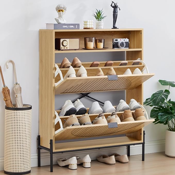 FurSch Fluted Shoe Cabinet with 2 Flip Drawers | Slim, Freestanding, Hidden Organizer, Narrow Storage Rack, for Entryway