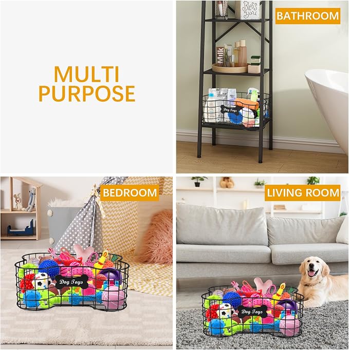 Metal dog toy bin basket bone shape designed outdoor dog toy storage great for collecting pet chew toys leashes clothing in living room area playroom closet shelf