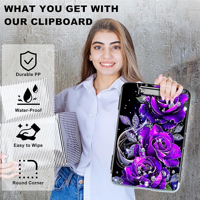 Purple Rose 01 A4 Clipboard with Storage Pen Holder, Clipboards Organizer Nursing Clipboard Foldable File Folder Plastic Clipboard Folio Clip Board for Office Students Classroom Doctor