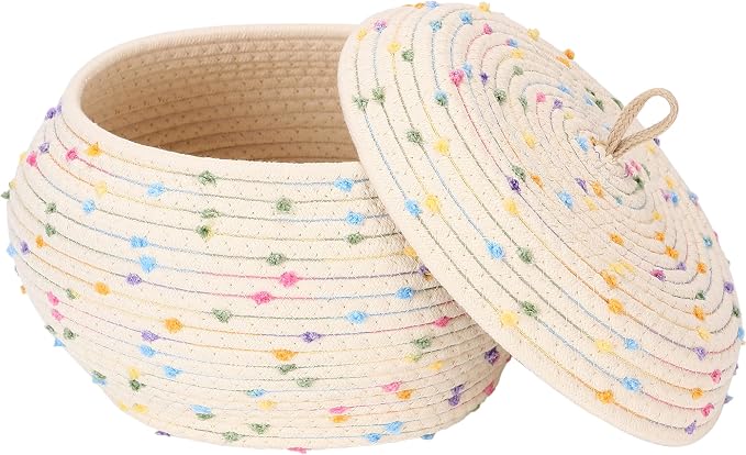 Sea Team Round Woven Cotton Rope Storage Basket with Lid, Rainbow | Decorative Colorful Pompom Knitted Storage Bin, Pot, Caddy, Organizer, Container for Snacks, Towels, Plants, 10 x 7.5 Inches
