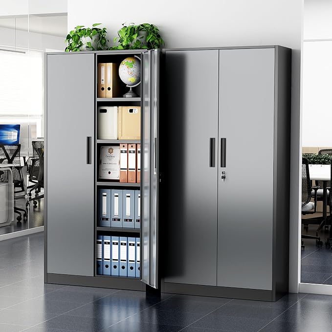 Greenvelly Metal Storage Cabinet with Doors and Shelves, 72" Inch Locking Metal Cabinet,Garage Storage Cabinet for Garage Office School Warehouse (Black Gray)