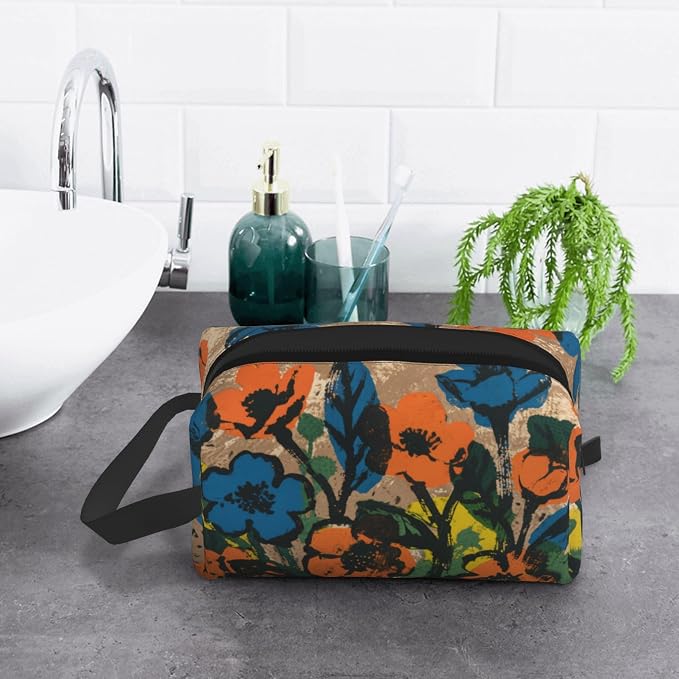 Bold Hues Floral Art Makeup Bag - Durable 600D Oxford Fabric Travel Cosmetic Bag, Shockproof Foam Padded Toiletry Organizer for Gym & Daily Use 10x6.2x4.9 Inch