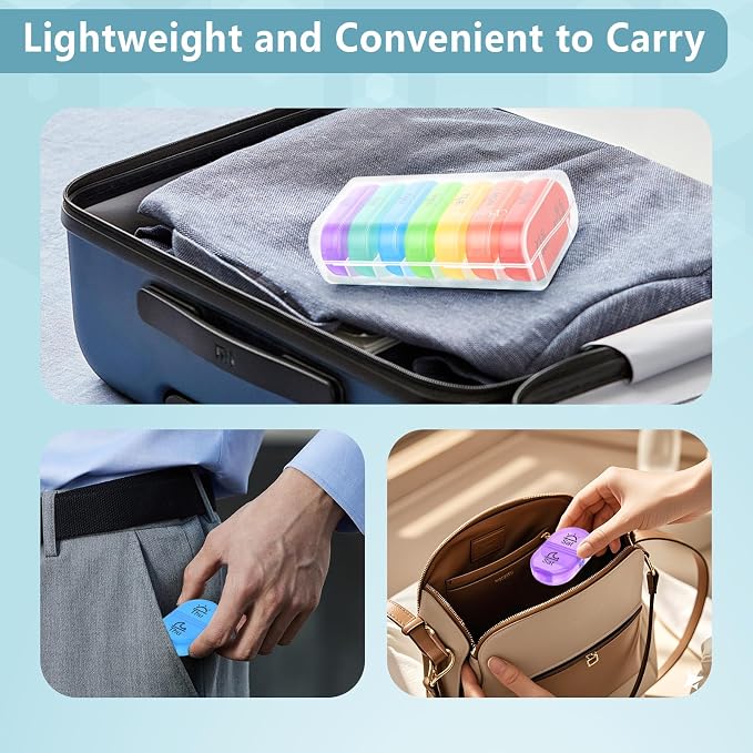 Serfeymi Weekly Pill Organizer 2 Times a Day AM PM Travel Pill Box 7 Day | Medicine Pill Organizer with Protection Pill Case Daily Medication Box for Vitamins,Supplement-Clear Case + Rainbow Pill Box