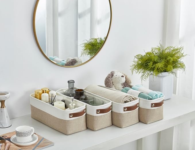 DECOMOMO Narrow Storage Bins, Small Storage Baskets for Shelves 4 Pack | Baskets for Organizing Bathroom, Toilet Tank, Gifts (Beige & White)