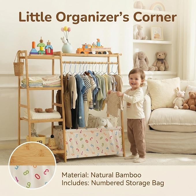 Baveke Kids Clothing Rack- Toddler Dress Up Rack with 5-Tier Open Shelves & Storage Bag, Baby Clothes Rack Small, FSC-Certified Bamboo Garment Rack & Free Standing Clothes Rack, Mini Clothing Rack