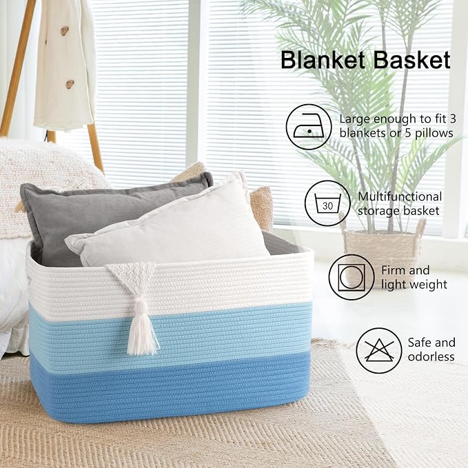 OIAHOMY Blanket Basket Laundry Basket Dog Toy Basket 75L Light Blue | Large Storage Basket,Baby Basket,Toy Storage,Woven Rope Basket for Blankets,Blanket Storage for Living Room