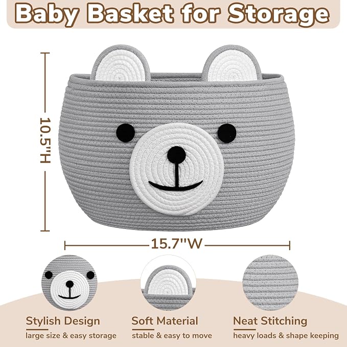 CherryNow Large Baby Basket for Gifts Empty, Cute Bear Design, Light Grey | 15.7" x 10.5" Baby Shower Basket for Kids Boys Newborn Storage, Woven Rope Toy Basket, Fits Living Room Nursery Décor