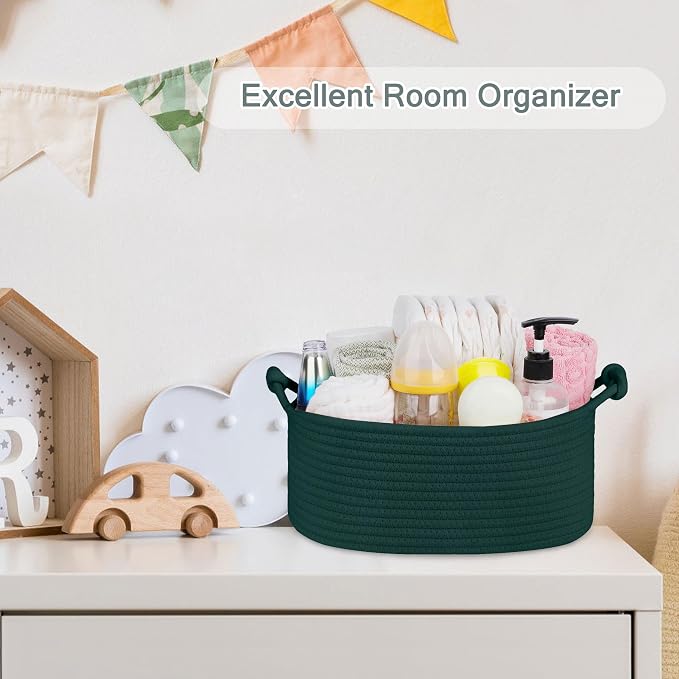COMSE Small Gift Basket Empty with Bag & Ribbons, Solid Dark Green | Cotton Rope, 12"x 8"x 5", Pet Toy Storage Organizer, Woven Basket for Birthdays, Baby Showers, Mother’s Day, Valentine’s Day