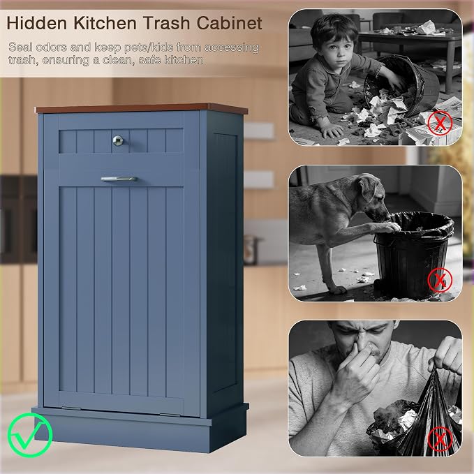 KIGOTY Tilt Out Trash Can Cabinet, Laundry Hamper Cabinet, Haze Blue