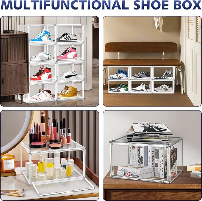 2 Pack Acrylic Clear Shoe Storage Boxes, Fits Up to Men's Size 12 | Transparent Display Case for Sneaker Collections, Baseball Caps, Hat Organizer Dust-free Shoe Cubbies Stackable Sneaker Boxes