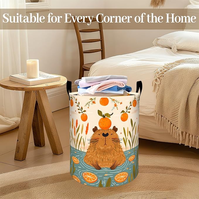 Capybara Laundry Basket, Cute Orange Fruit Foldable Oxford Cloth, Waterproof Dirty Clothes Hamper with Handles, Clothing Storage Bin Toy Organizer for Bedroom Dorm Bathroom, 19.7"x15.7"