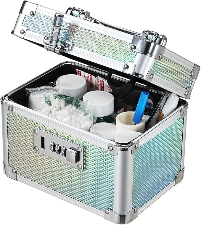 Lockable Medicine Storage Box - Shiny Turquoise Cabinet Med Lock Organizer, 7 * 5.25 * 5.75 Inches Safe Case with Combination Lock for Home, Dorm, Office, or Travel - Mini Size