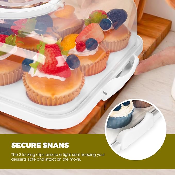 NPLUX White Cupcake Carrier Cupcake Holder with Lid, Cake Container | 3 in 1 Multipurpose, Lid, Holder, Muffins, Pies, Sweets, Pastries, Fruit, Snacks, Transport