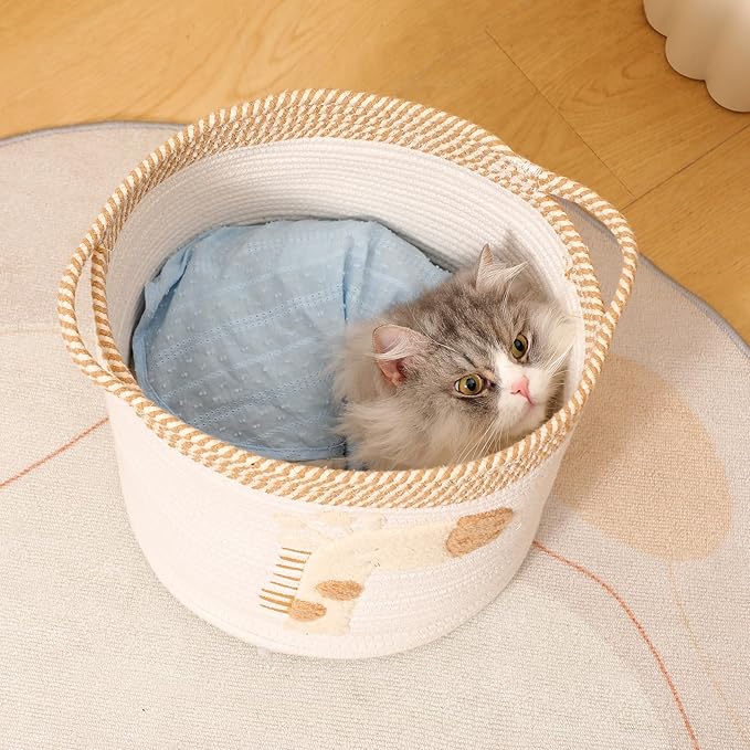 Toy Storage Baskets Woven Cotton Rope Storage Basket for Kids, Blanket Baskets for Living Room Toys Organizer with Embroidery Decor, Cute Baskets with Handle for Nursery, Playroom (Giraffe)