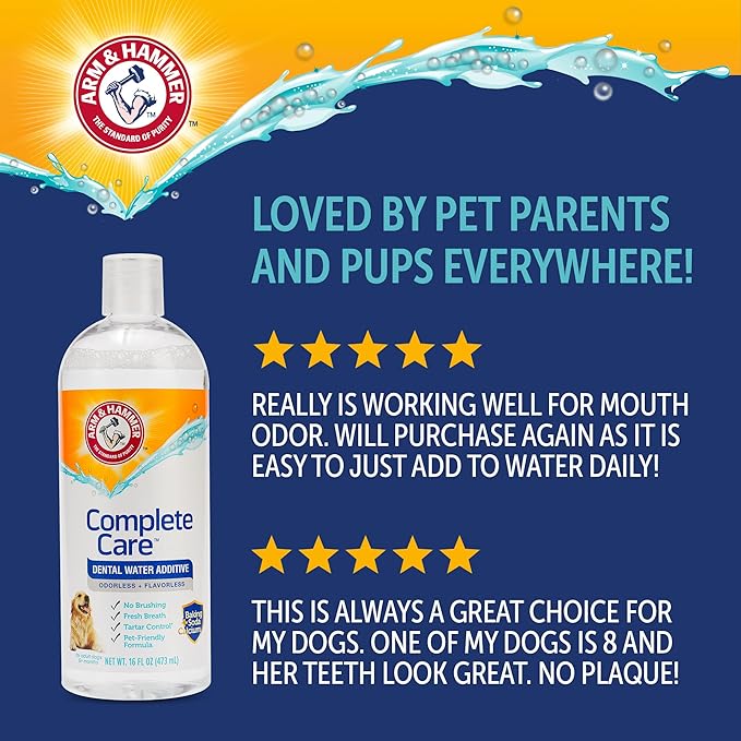 Arm & Hammer Dog Dental Water Additive Breath Freshener, Odorless Flavorless Oral Care Solution for Plaque and Tartar Control, Daily No Brush Dental Support for Dogs, 16 Fl Oz