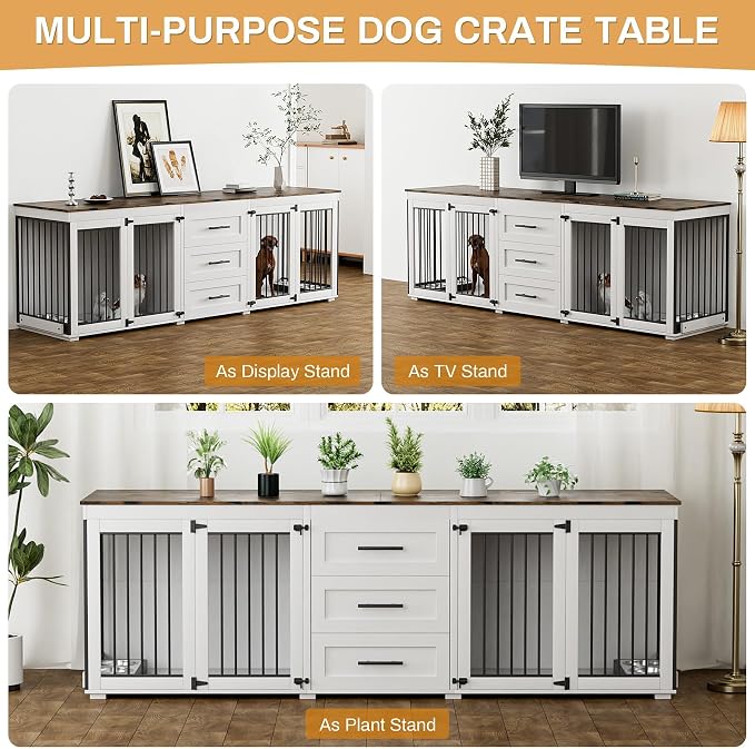 OUYESSIR 94.5" Dog Crate Furniture for Medium Large Dogs, White Brown | Extra large dog kennel fits 2 Medium or large dogs, 3 Storage Drawers, 4 removable Stainless steel dog bowls, Solid Wood