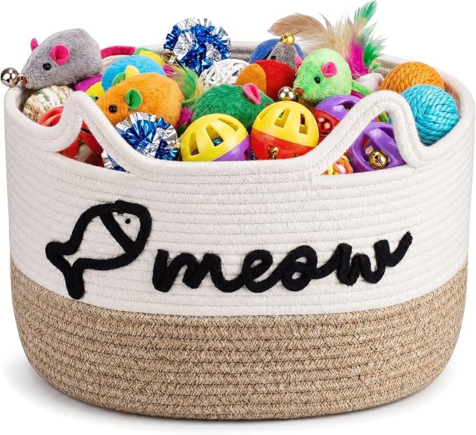 Cat Toy Basket with Cat Ear Handles, 15 x 11 x 9 in Woven Cats Toy Bin, Large Two-tone Cotton Rope Storage Box, Meow Words Organizer for Toys, Blankets, Home Decor (White, Linen)