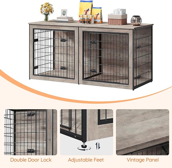 HOOBRO Dog Crate Furniture for 2 Dogs, 63" Large Double Dog Crate Furniture with Divider, Wooden Indoor Kennel TV Stand for Medium Large Dogs, Greige and Black BG55GW03