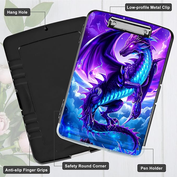 A4 Clipboard with Storage Pen Holder, Clipboards Organizer Nursing Clipboard Foldable File Folder Plastic Clipboard Folio Clip Board for Office Work Classroom Doctor, Galaxy Purple Dragon