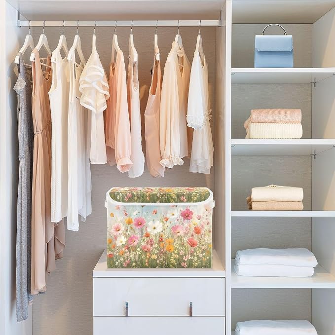 Fabric Storage Bins with Lid Flower Garden Closet Storage Basket 40L | Decorative Storage Boxes, Foldable & Stackable, Dust-Proof Flip Top, Reinforced Handles, For Home & Dorm, Clothes & Toy Box