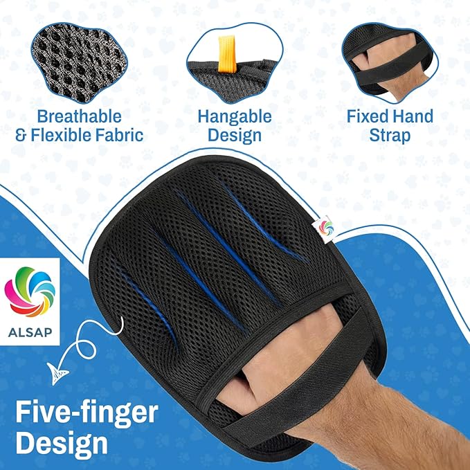 Pet Hair Removal Gloves for Dogs & Cats | Electrostatic Reusable Fur Remover Mitt for Furniture, Carpet & Clothes, Couch Car| Pet Fur Cleaning Tool with Carpet Scraper (Black - 2 Pcs)