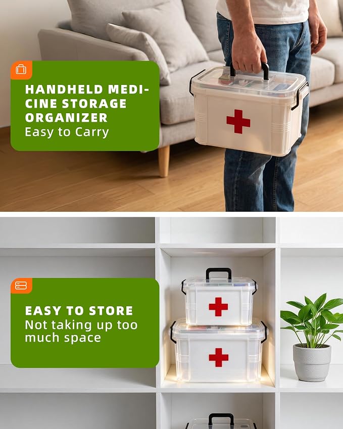 2 Pack Clear Medicine Storage Box with Removable Tray, Large & Small Size Thickened Empty First Aid Box with Carry Handle, Multipurpose Portable Medication Organizer for Home Travel Car Camping