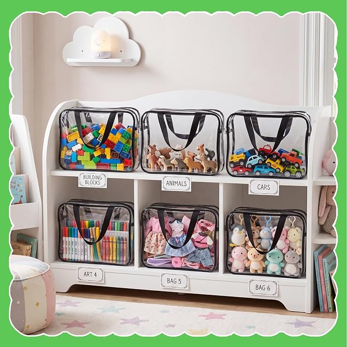 Toy Storage Bags 6 Pack, Clear PVC Toy Organizers, Black | Waterproof PVC, Large 30 x 10 x 22 CM Size, Label-Ready, For Toys, Books, Puzzles, Classroom and Travel