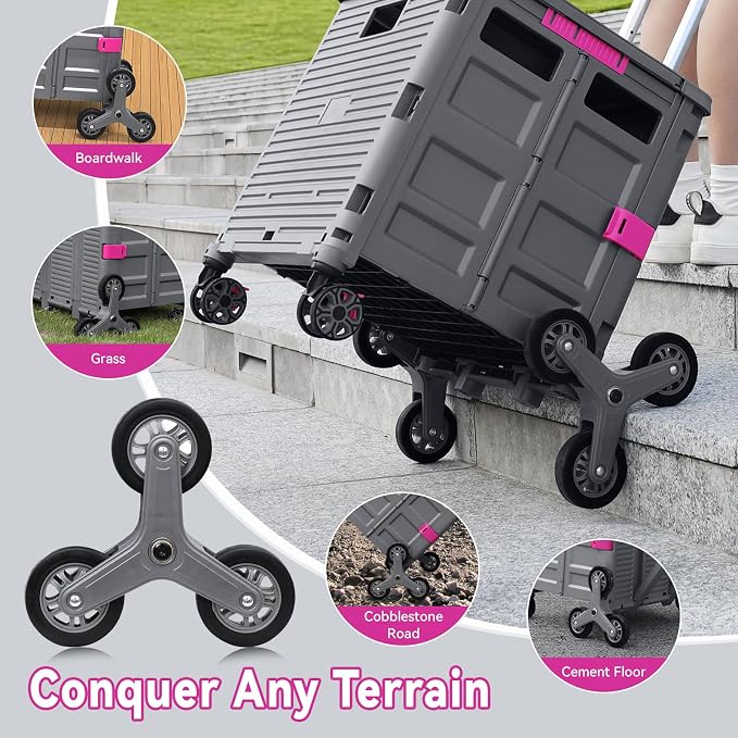 Foldable Utility Cart Portable Crate Rolling Dolly with Telescopic Handle,Can be Pulled diagonally, Magnetic Retractable Lid, 360°Swivel Climbing Wheels for Shopping Carrying Groceries Move Grey