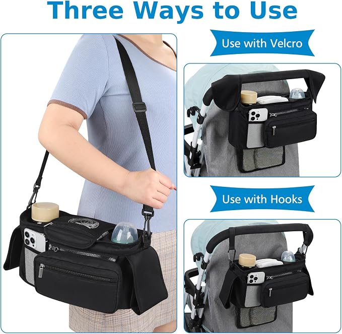 Accmor Universal Stroller Organizer with Insulated Cup Holder Detachable Phone Bag and Shoulder Strap,Stroller Bag Caddy Organizer for Uppababy, Baby Jogger, Britax Strollers
