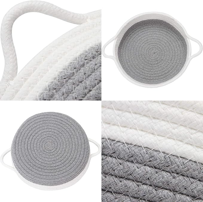 Sea Team 2-Pack Compact Woven Cotton Rope Storage Baskets, Gray | Knitted Decorative Organizer Bins with Handles, Portable Round Containers for Small Items, Keys, Makeup, Jewelry, Trinkets