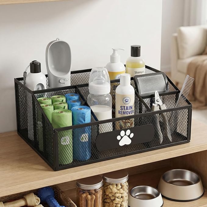 Pet Supplies Organizer Basket, Dog Waste Bag Holder and Grooming Storage Bin for Water Bottles, Nursing Bottles, Cleaning Supplies, Brushes, Combs and Pet Care Accessories