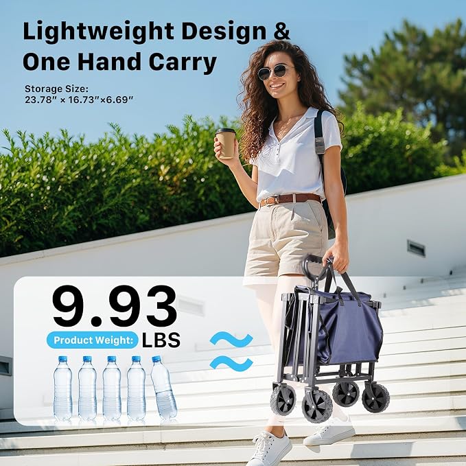 29.3" Collapsible Wagon Cart, 150L Heavy Duty Folding Utility Wagon with Wheels, 260 lbs Load, Portable Rolling Cart for Garden, Shopping, Sports, Camping, DarkBlue