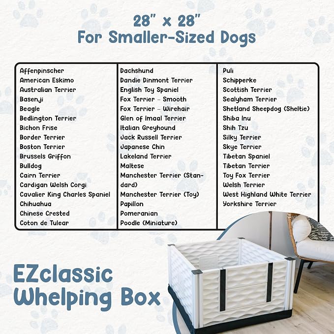 EZclassic Dog Whelping Box - Washable Pee Pad, Small 28"x28"x18" | Padded whelping box for puppy supplies and newborn care, includes protective rails and black pad for easy cleaning
