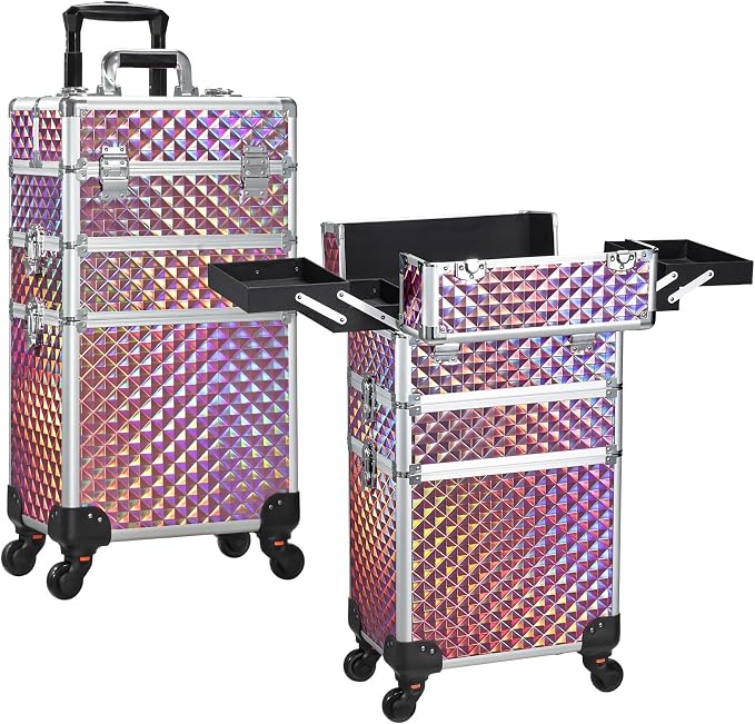 3 in 1 Rolling Makeup Train Case Cosmetology Case on Wheels Pink | Cosmetic Trolley Large Storage with Keys 360° Swivel Salon Barber Case Traveling Cart Trunk for Artist Hairstylists Nail Tech